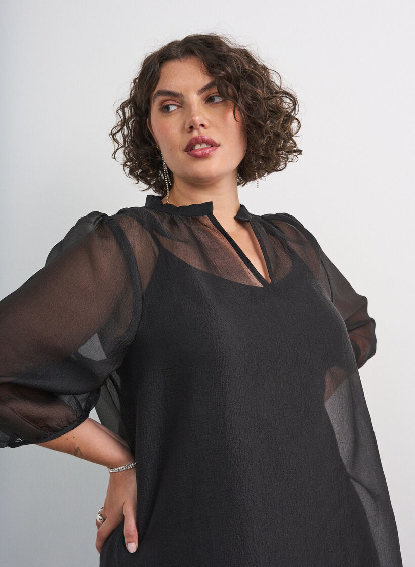 Kurzes Kleid aus Organza mit R&uuml;schensaum, Schwarz, Model image number 3