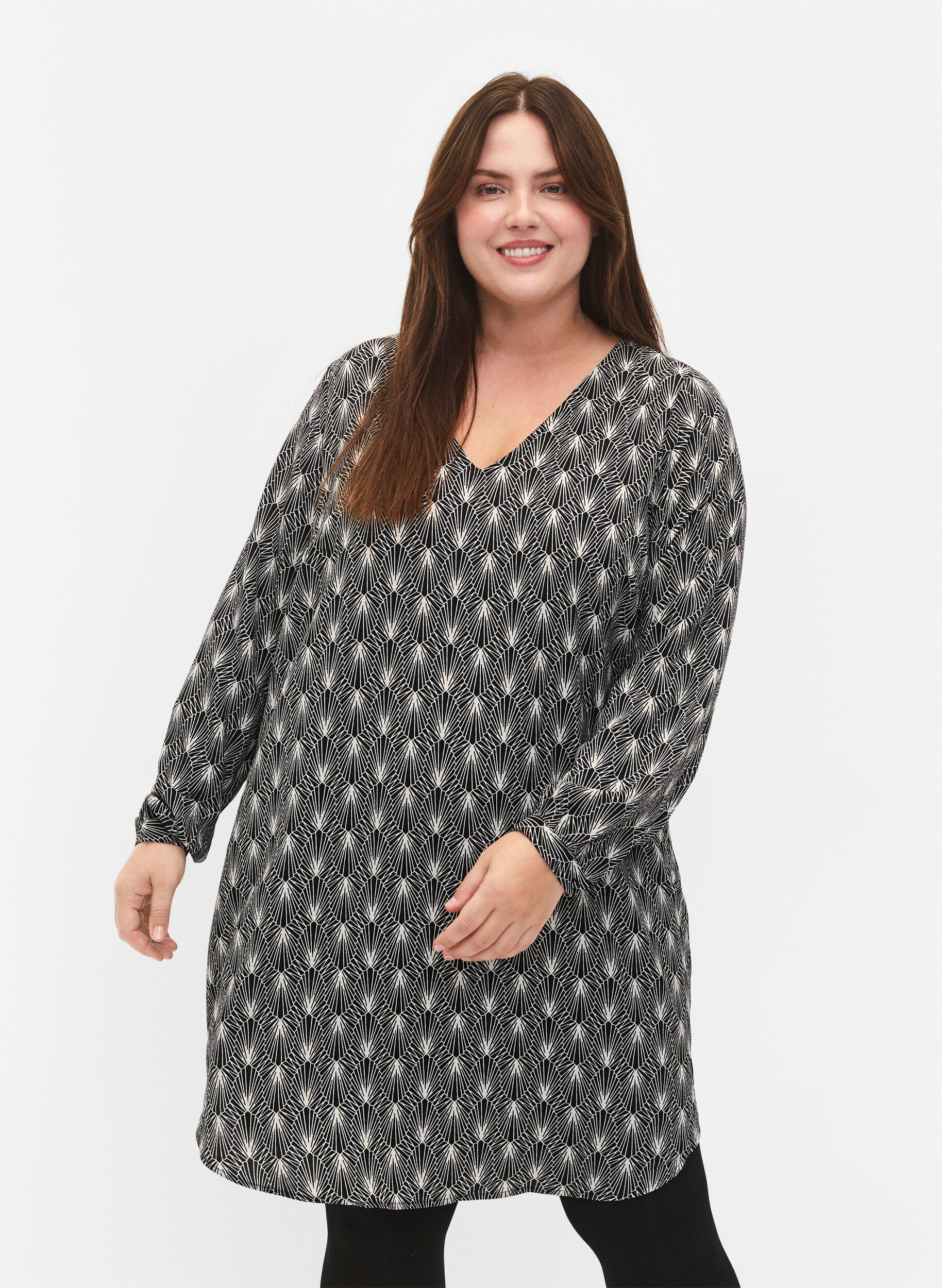 Zizzi Kleid mit V-Ausschnitt und Aufdruck, Birch Graphic AOP, Model image number 0