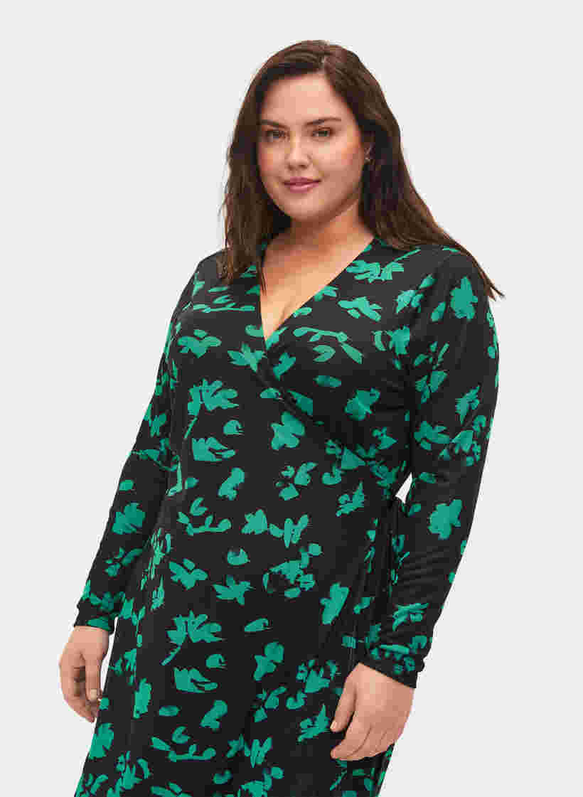 Wickelkleid mit Print aus Mesh, Black Green , Model image number 2