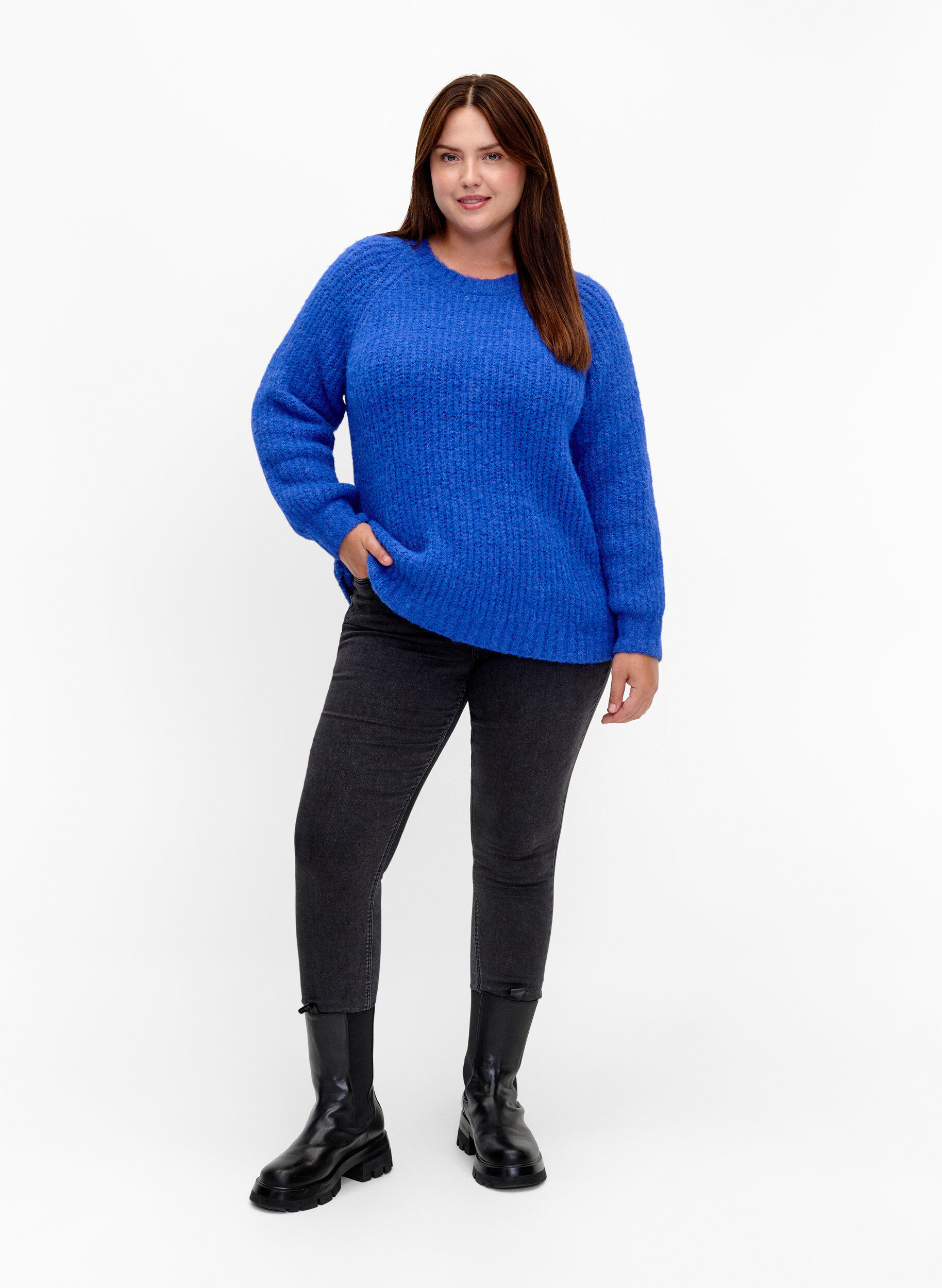 Zizzi Gestrickter Pullover mit Wolle und Raglan&auml;rmeln, Princess Blue, Model image number 2