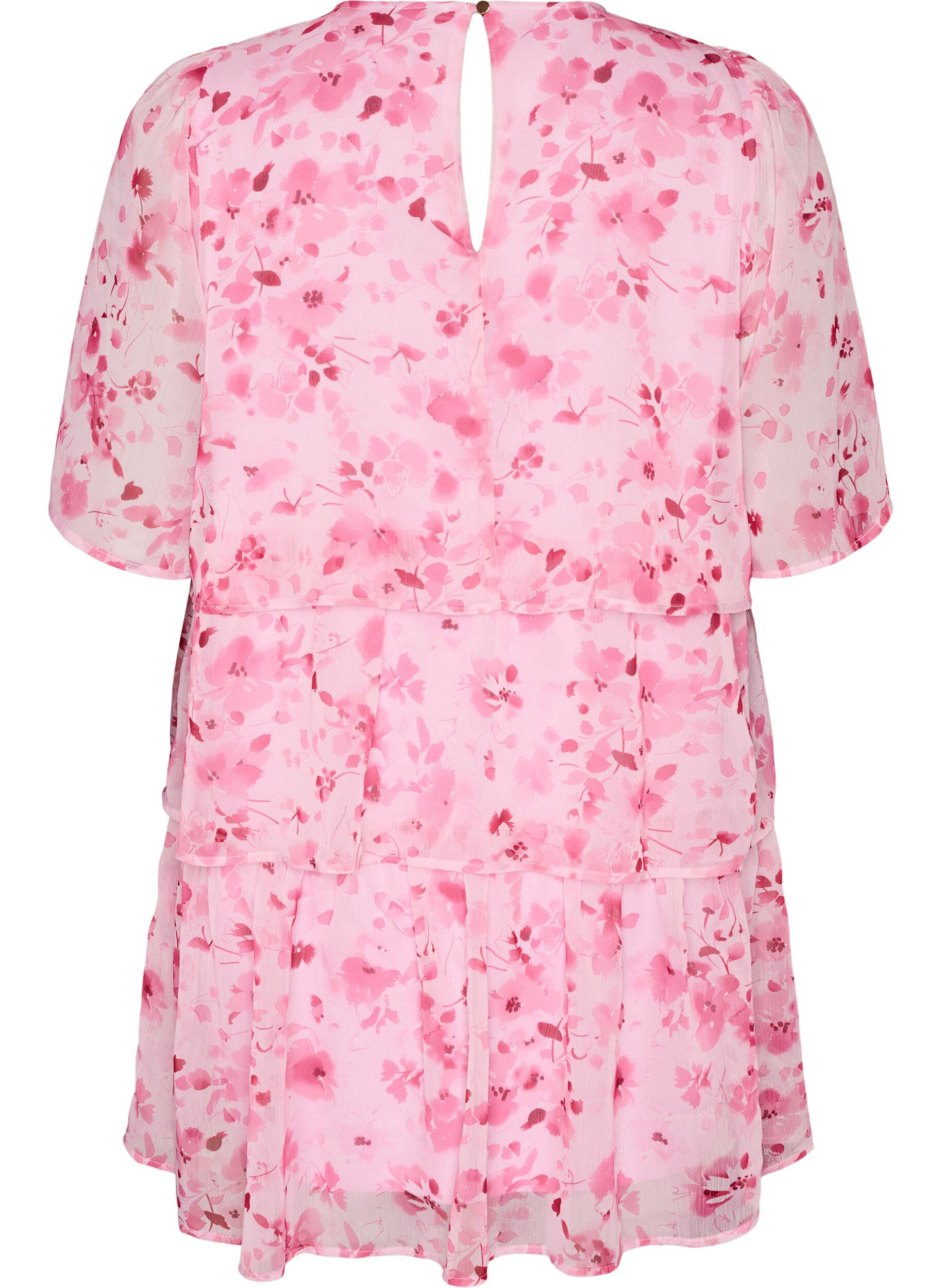 Zizzi Kurzes Kleid in Chiffon-Optik mit Blumenprint und Volantlagen, Pink, Packshot image number 1