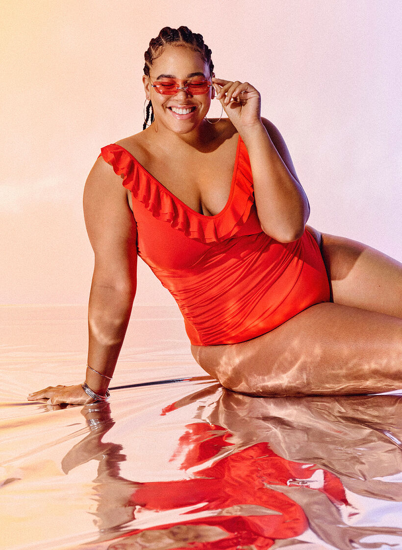 Badeanzug mit Volants und herausnehmbaren Eins&auml;tzen, Orange, Image image number 0