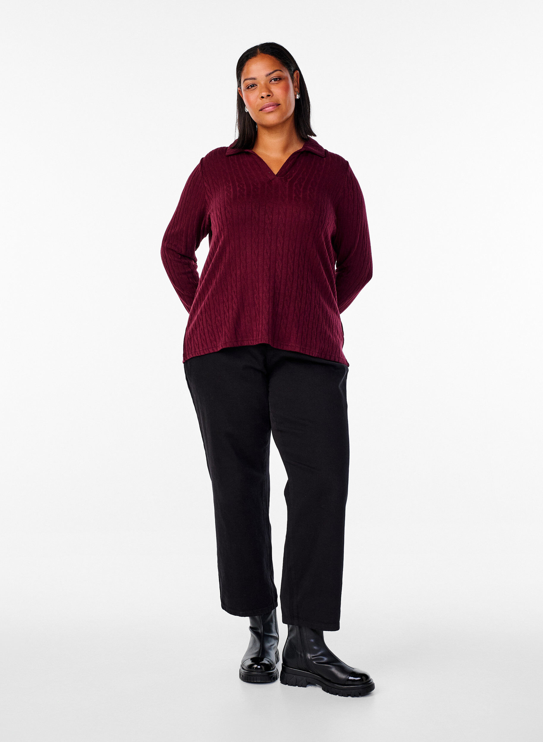Zizzi Strickbluse mit Kragen und Zopfmuster, Dunkles Bordeaux, Model image number 1