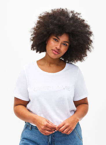 T-Shirt mit Text-Motiv, B.White W.Rhinestone, Model image number 0