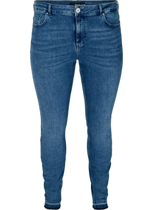 Super Slim Amy Jeans mit offenem Saum, Blue denim, Packshot image number 0