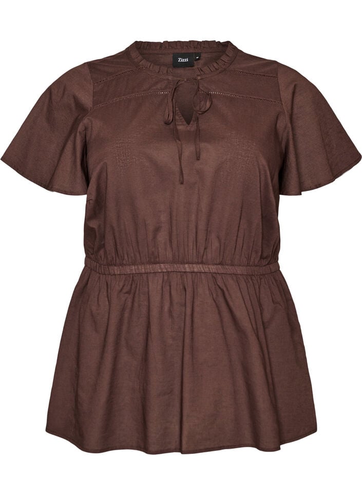 Baumwollbluse mit Bindeband und elastischer Taille, Braun, Packshot image number 0
