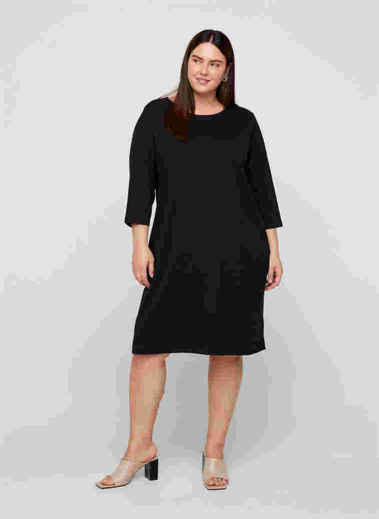Baumwollkleid mit 3/4-Ärmeln und Taschen, Black, Model image number 2