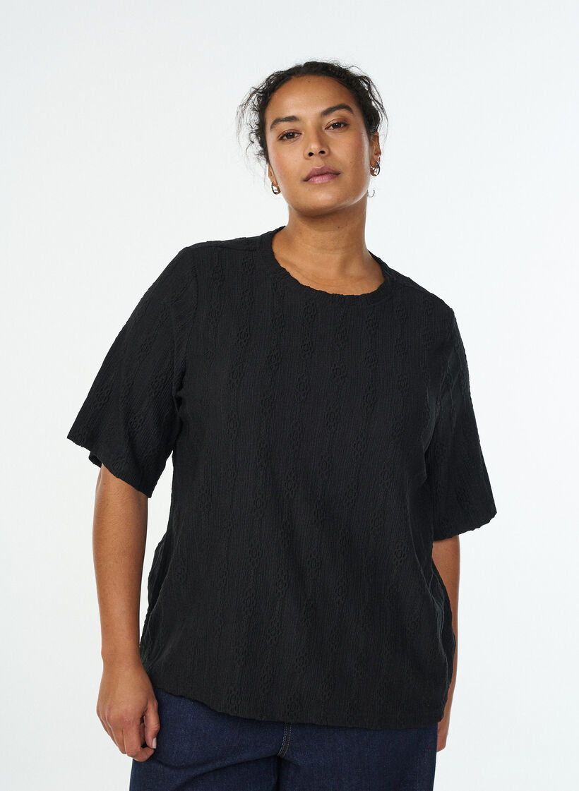 Bluse mit Strukturmuster und kurzen Ärmeln, Schwarz, Model image number 0