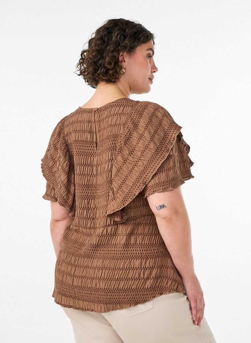 Bluse mit gesmokter Textur und R&uuml;schen&auml;rmeln, Braun, Model image number 2