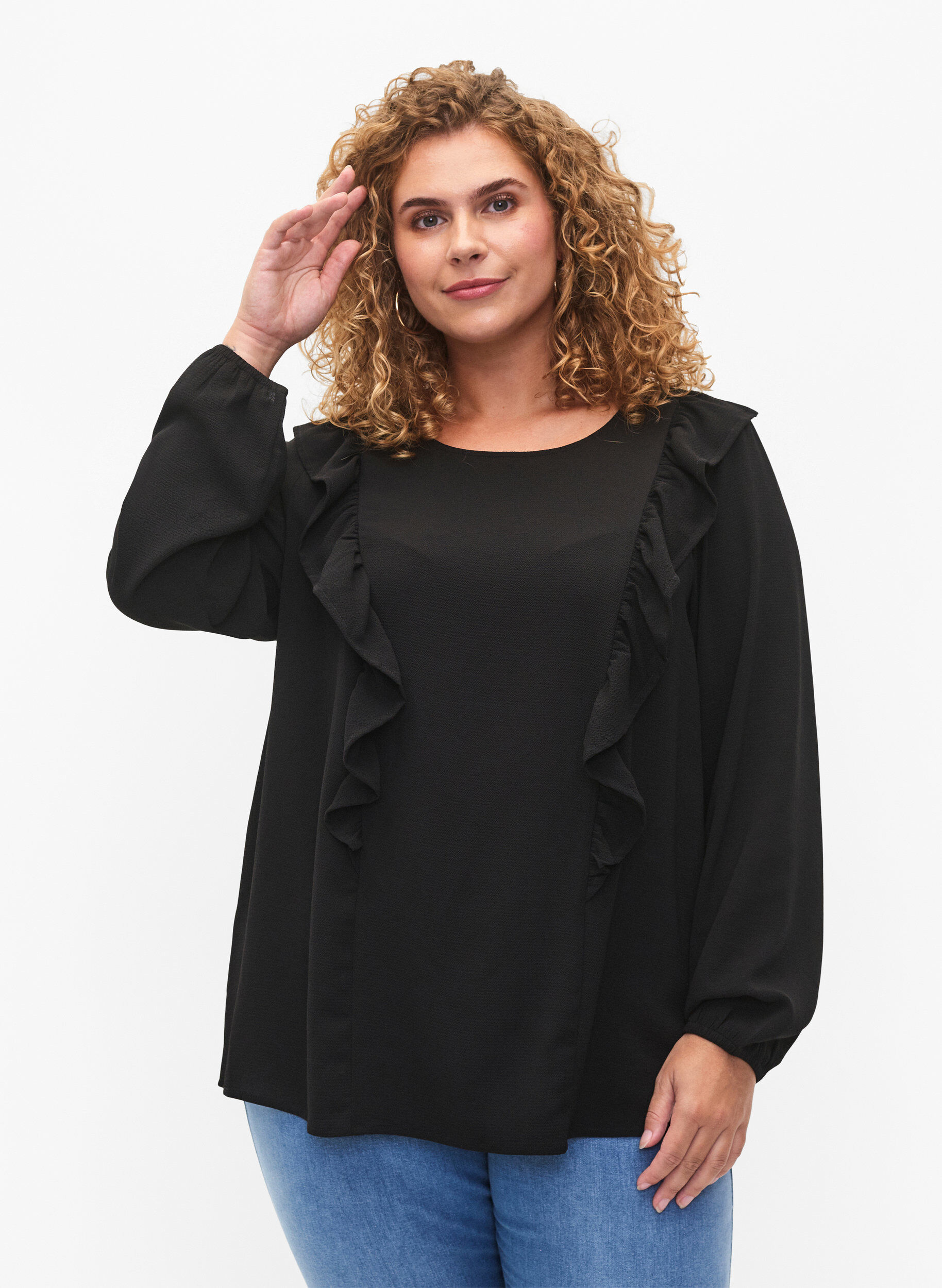 Zizzi Lang&auml;rmelige Bluse mit R&uuml;schen, Black, Model image number 0