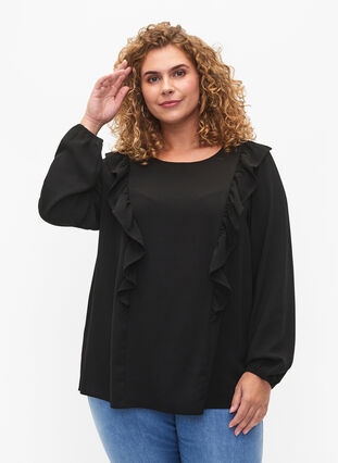 Langärmelige Bluse mit Rüschen, Black, Model image number 0