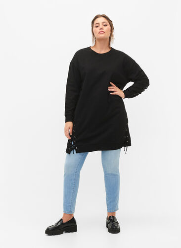 Sweater Tunika mit Kordel Details, Black, Model image number 3