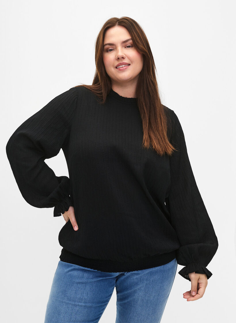 Gesmokte Bluse mit R&uuml;schen und Struktur, Black, Model image number 0