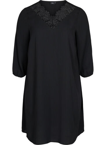 Kleid mit Spitze und 3/4 Ärmeln, Black, Packshot image number 0