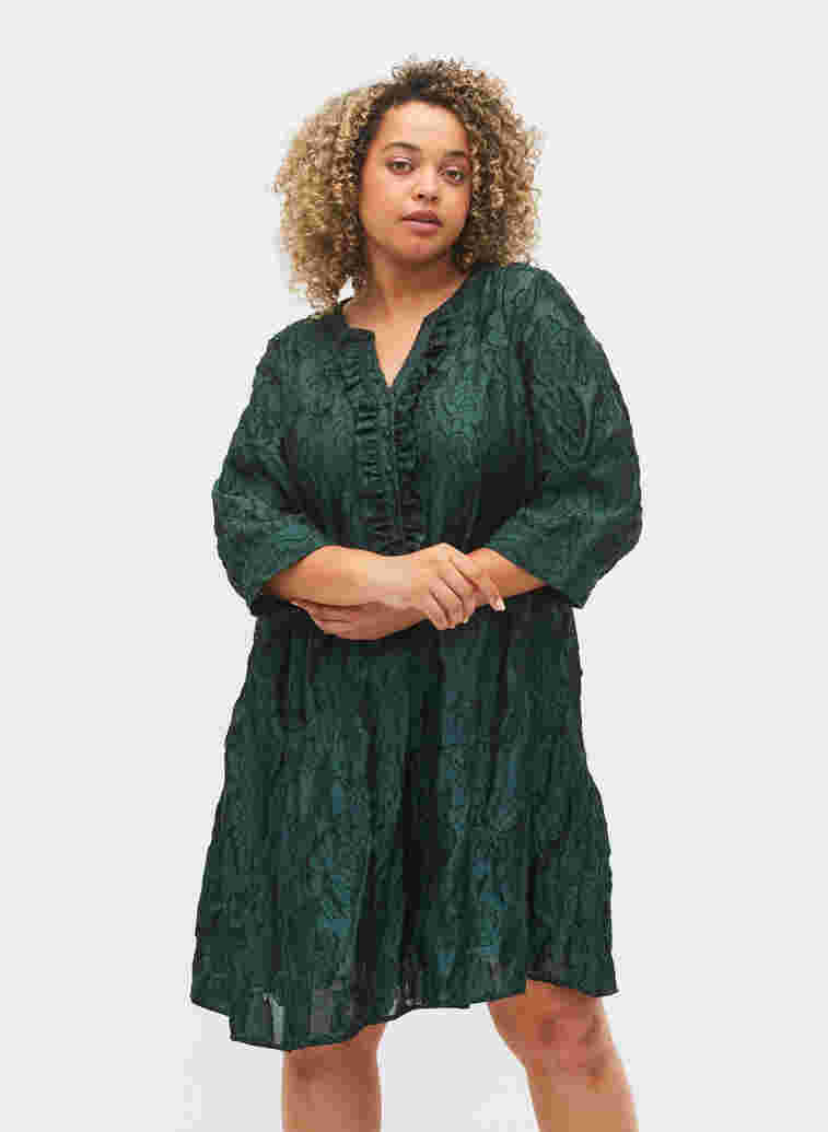 Jacquard-Kleid in einer A-Linie mit Rüschen, Scarab, Model image number 0