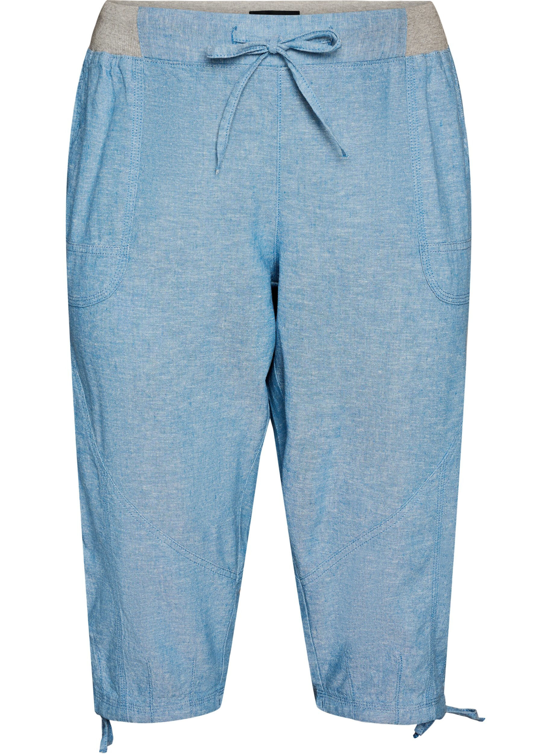 Zizzi Caprihose aus Baumwolle und Leinen mit elastischem Bund und Bindeband, Blau, Packshot image number 0