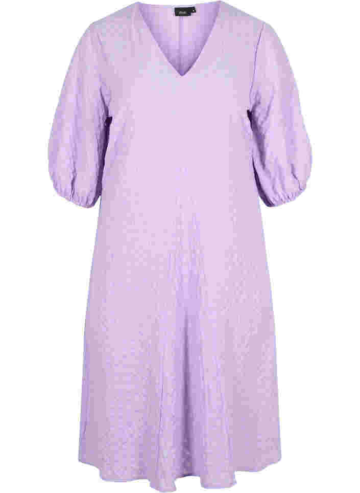 Kleid in Crêpe-Qualität mit V-Ausschnitt und Ballonärmeln, Lavendula, Packshot image number 0