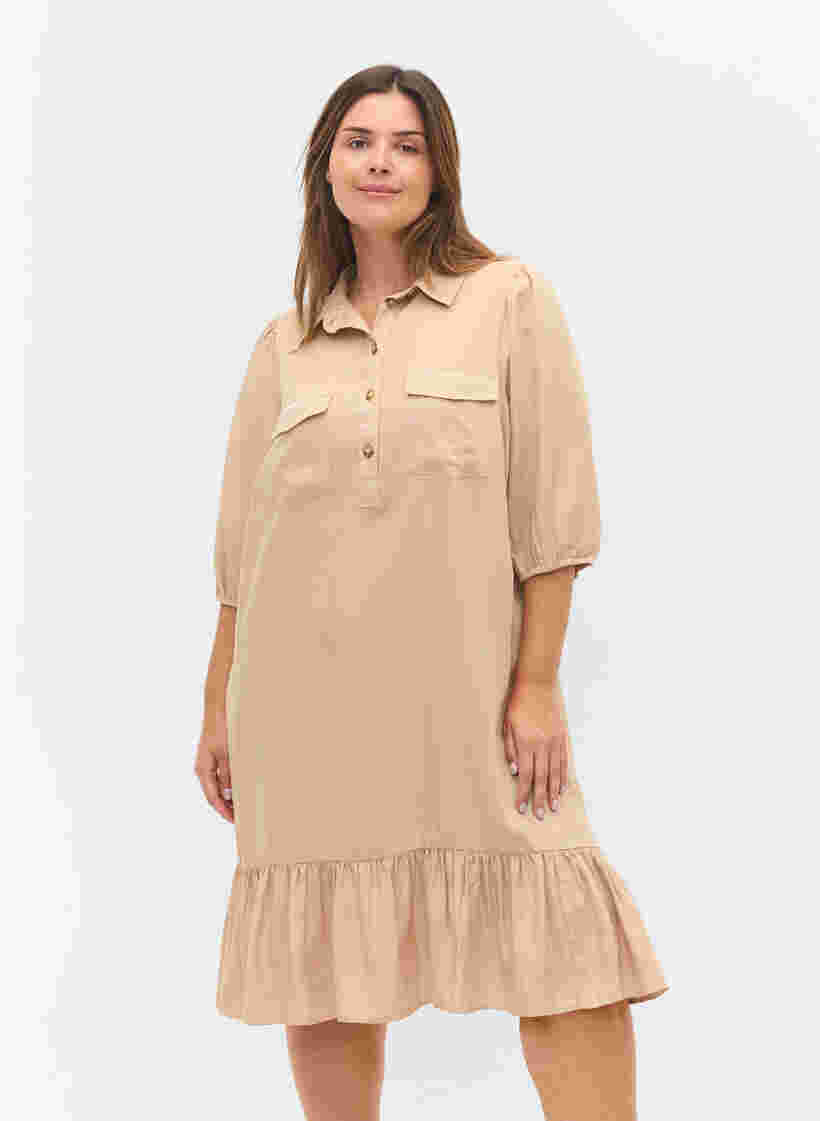 Kleid mit Rüschenbesatz und 3/4-Ärmeln, Humus, Model image number 0