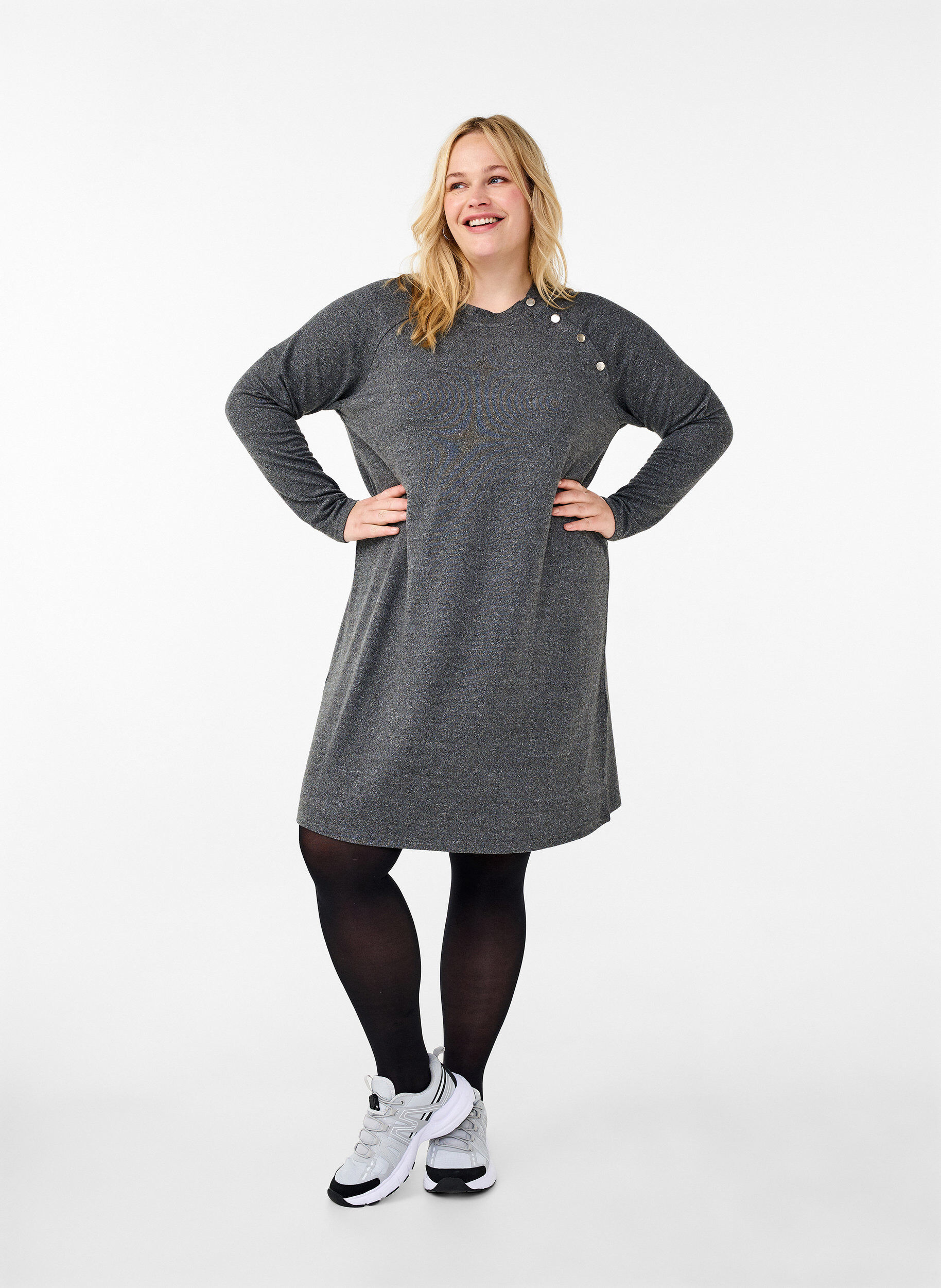 Zizzi Jerseykleid mit Kn&ouml;pfen, Dark Grey Melange, Model image number 2