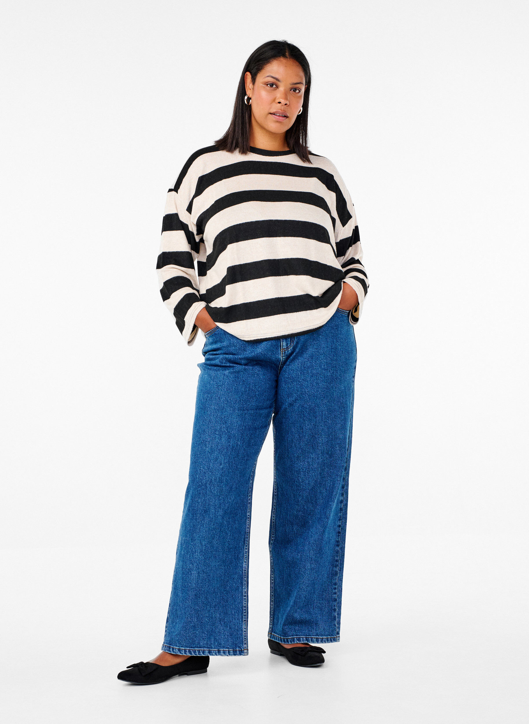 Zizzi  Lang&auml;rmlige Bluse mit Streifenmuster, Bl. Beige Mel.Stripe, Model image number 2