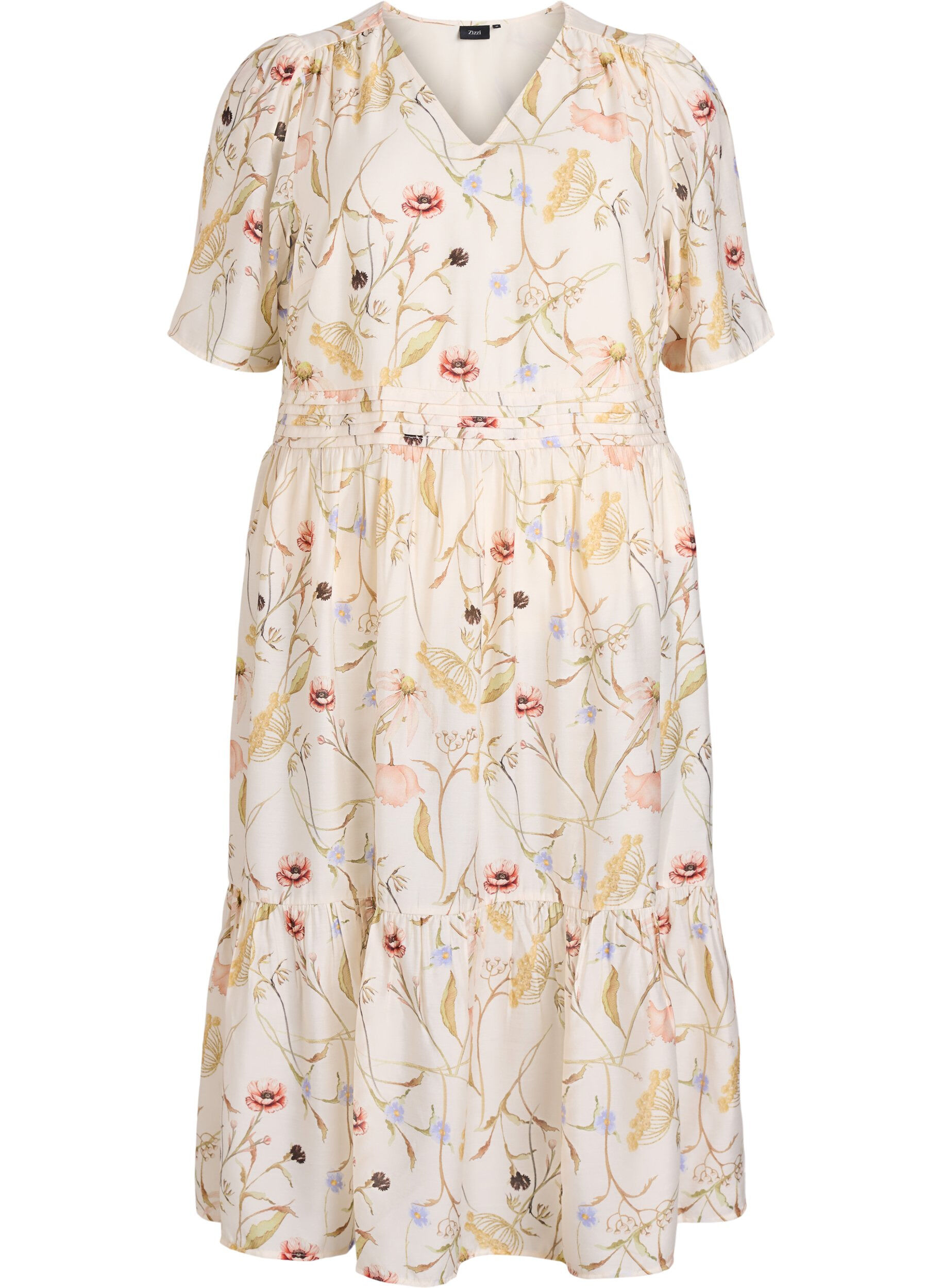 Zizzi Gebl&uuml;mtes Midi-Kleid in A-Linienform, Beige, Packshot image number 0