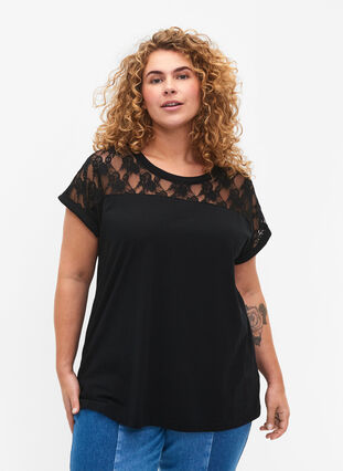 Baumwoll-T-Shirt mit Spitze und kurzen Ärmeln, Black, Model image number 0