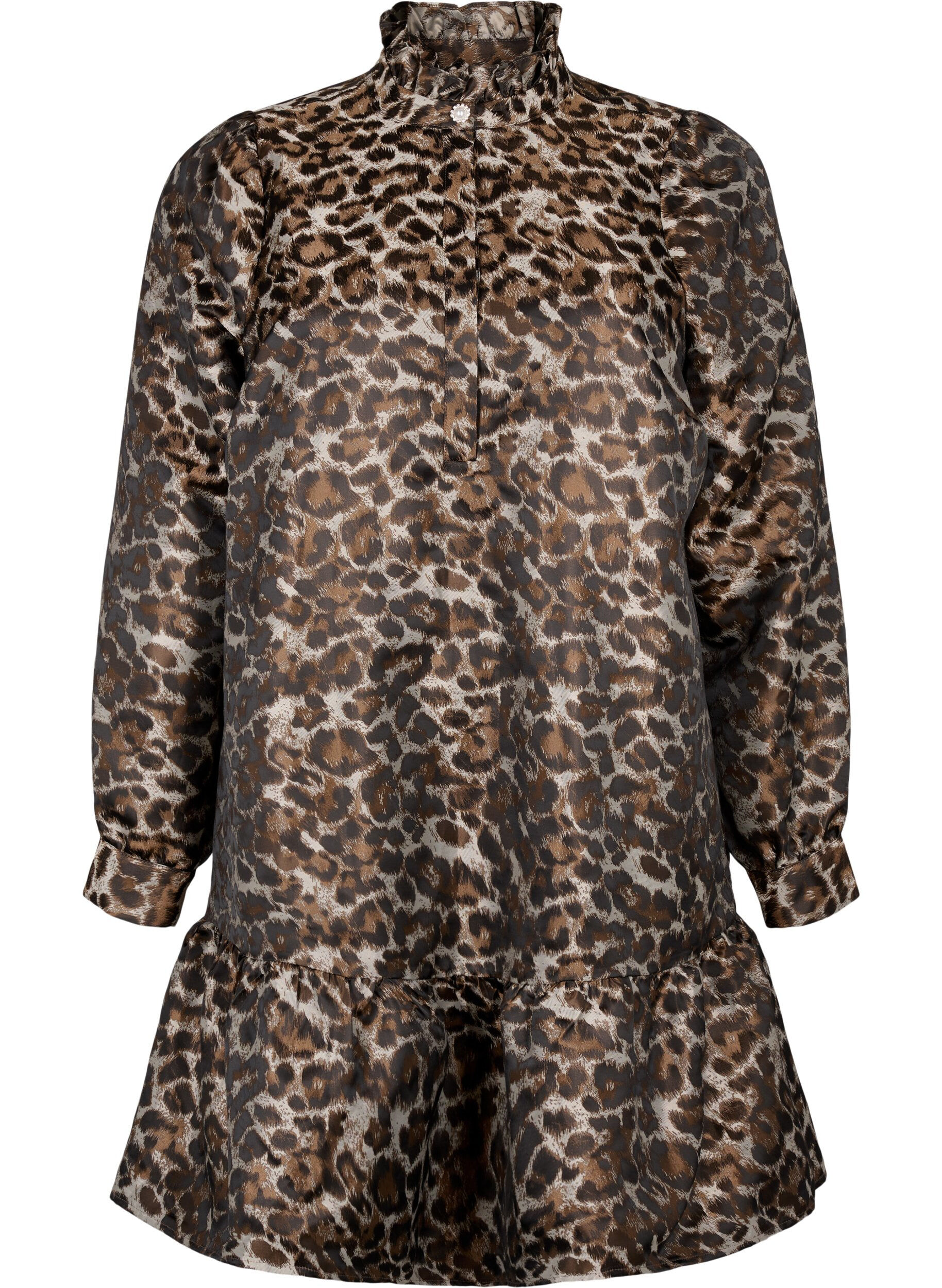 Zizzi Kurzes Jacquardkleid mit Leopardenmuster, Brown Leo AOP, Packshot image number 0