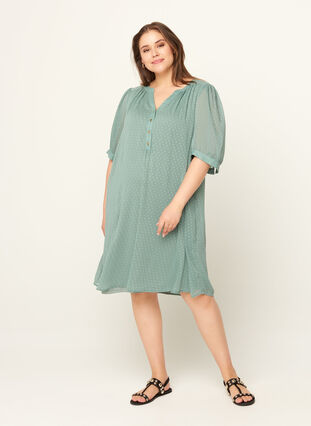 Kleid mit kurzen Ärmeln und Knöpfen, Chinois Green, Model image number 2