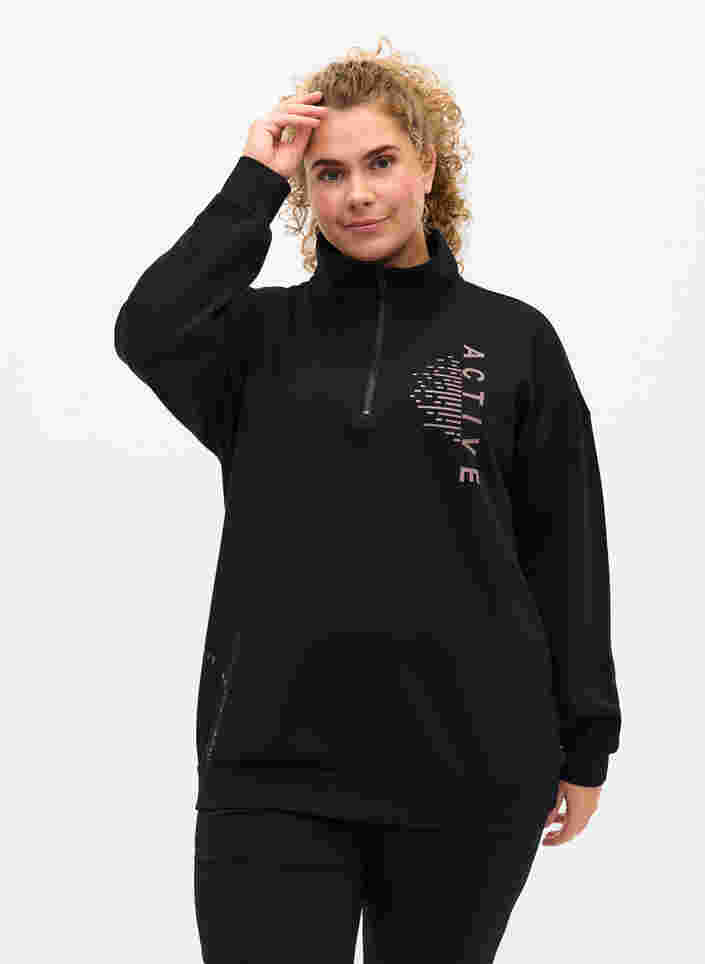 Hochgeschlossenes Sweatshirt mit Reißverschluss, Black, Model image number 0