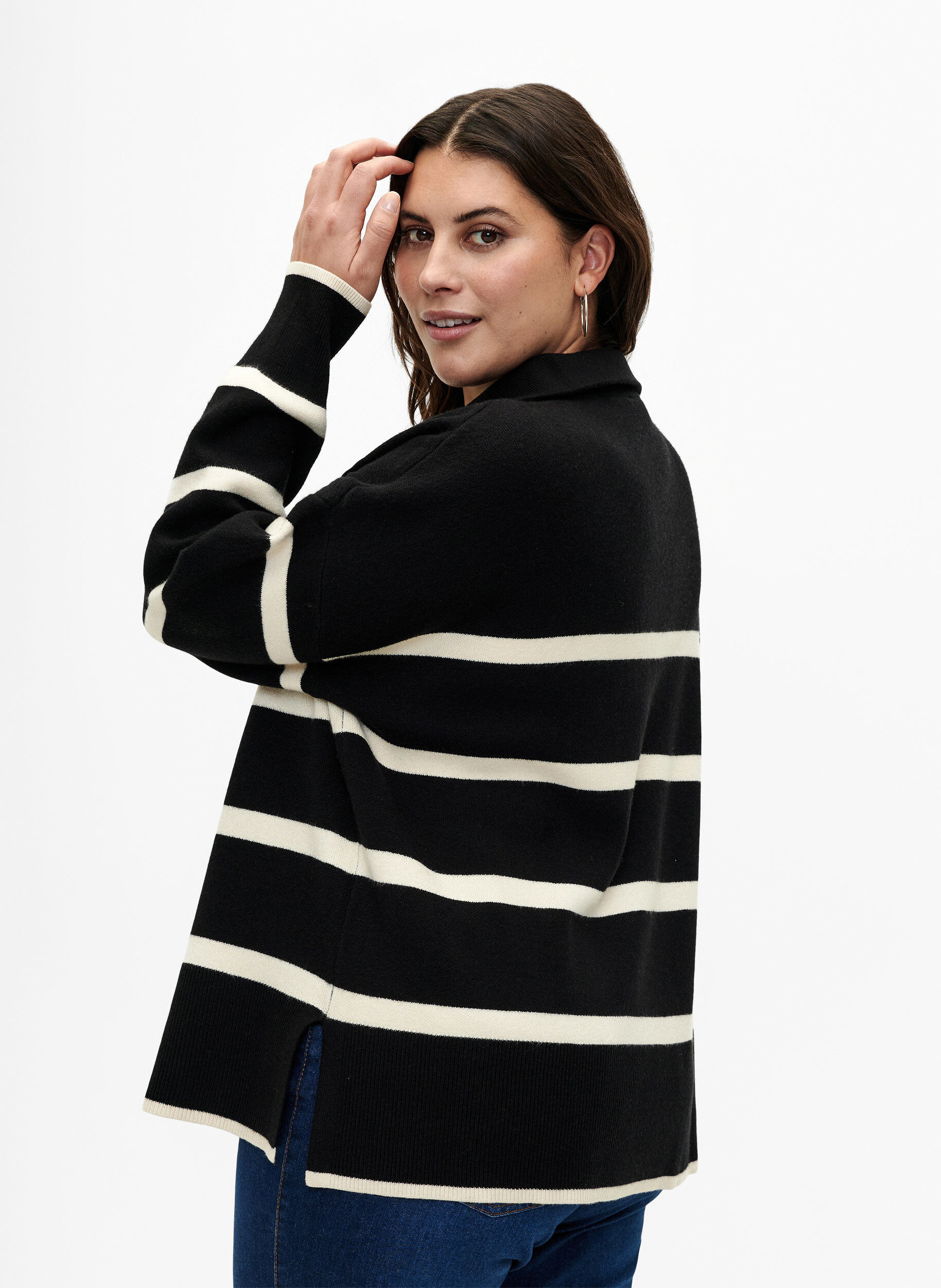 Zizzi Pullover mit Streifen und hohem Kragen	, Black w. Birch, Model image number 1