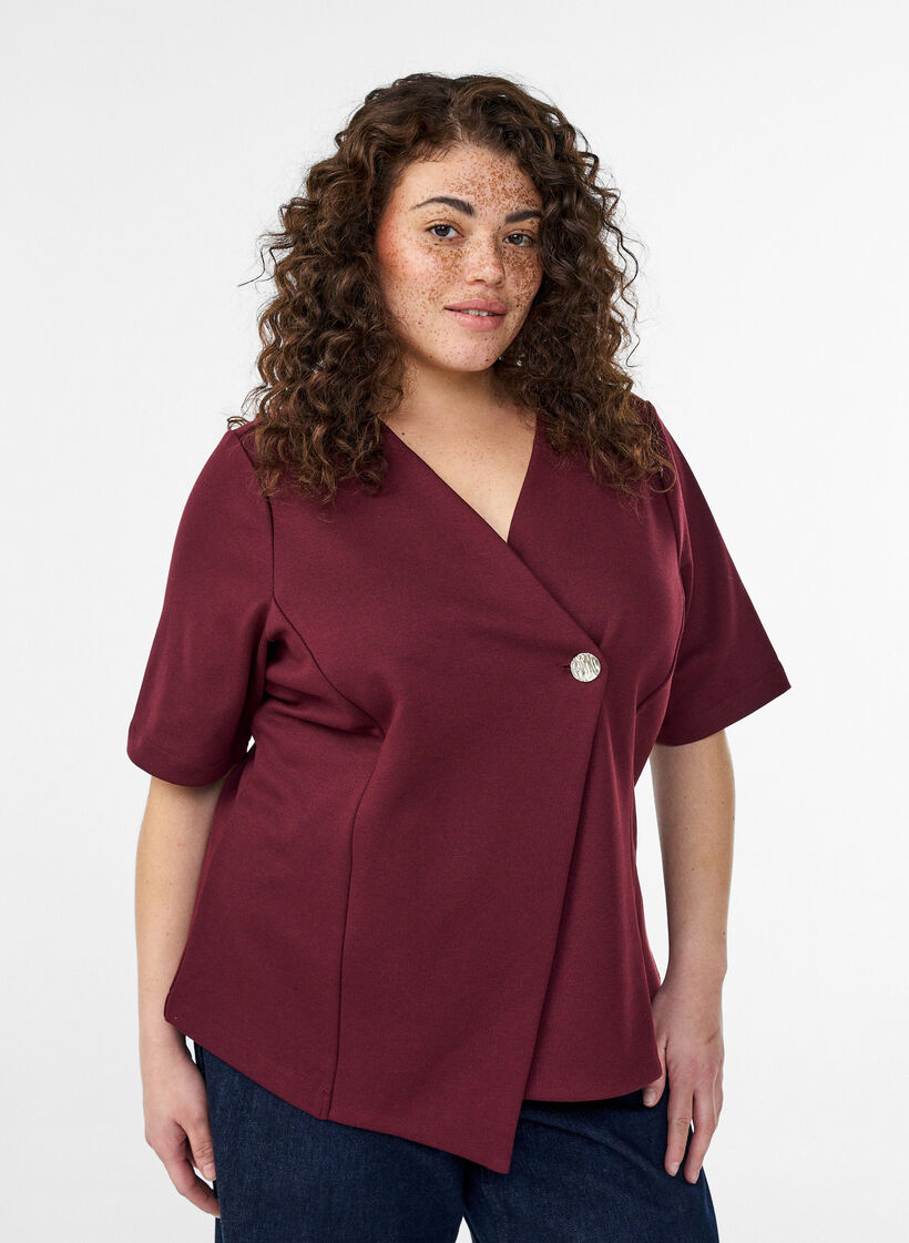 Bluse mit asymmetrischer Wickeloptik und kurzen &Auml;rmeln, Rot, Model image number 0