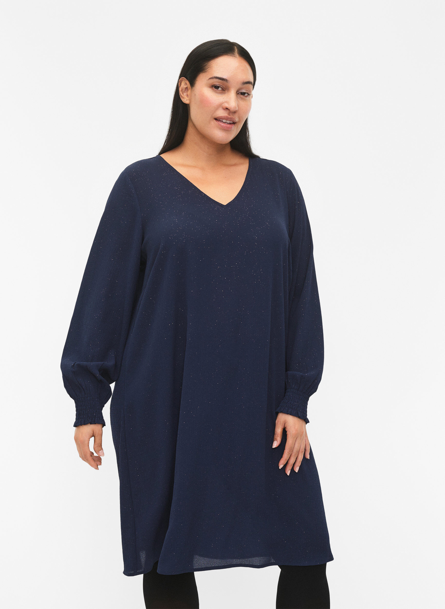Zizzi FLASH &ndash; Langarmkleid mit Glitzer, Navy w. Gold , Model image number 0