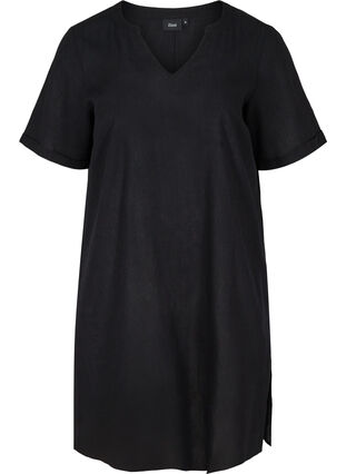 Kurzarm Kleid aus Baumwollmischung mit Leinen, Black, Packshot image number 0
