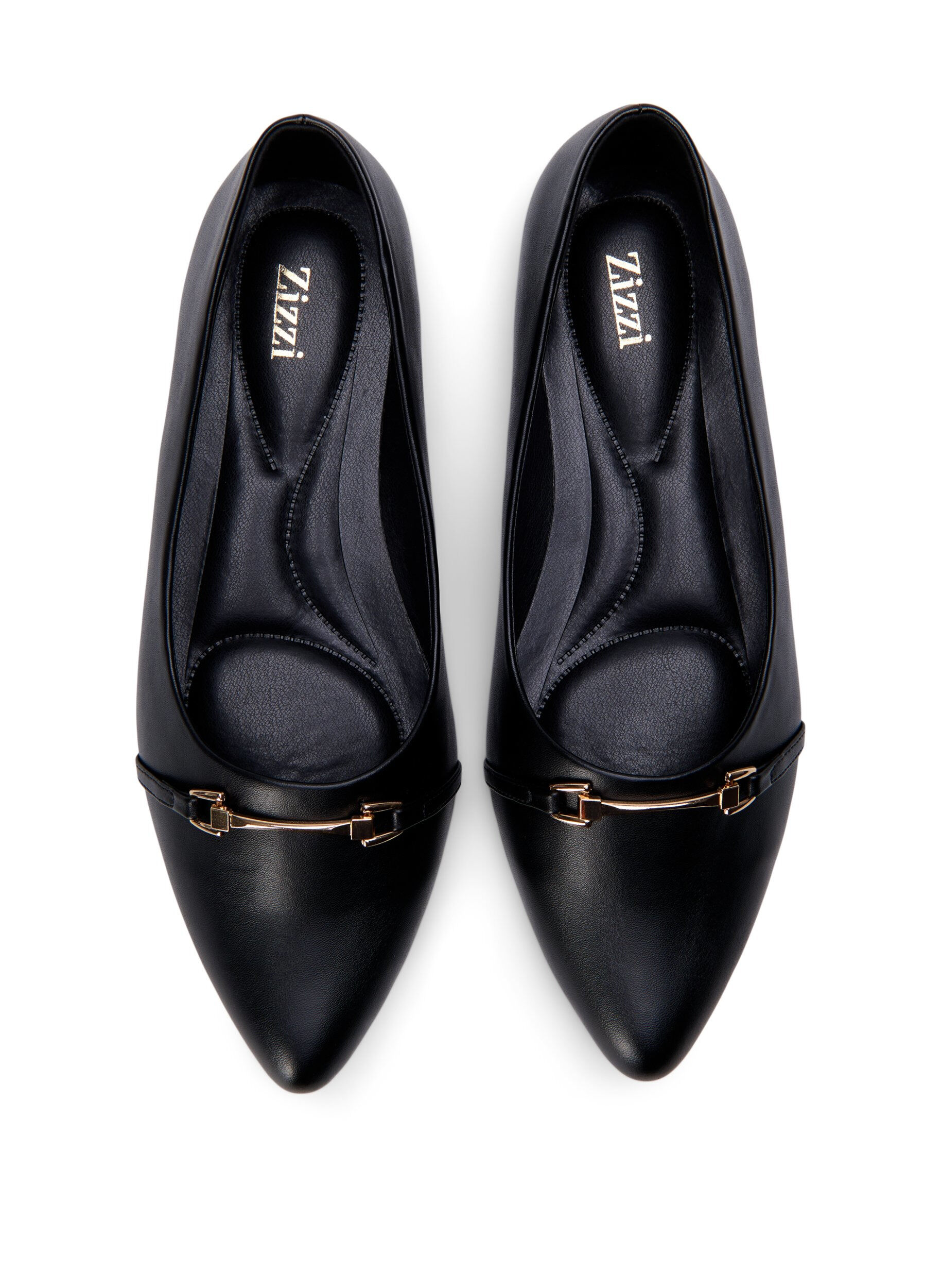 Zizzi Weit geschnittene Ballerinas mit goldener Schnalle, Black, Packshot image number 2