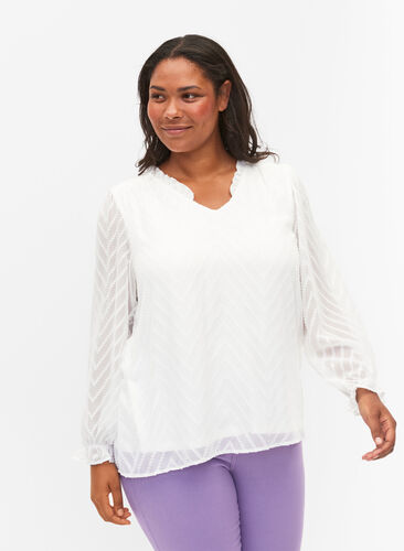 Bluse mit langen Ärmeln und Rüschendetails, Bright White, Model image number 0