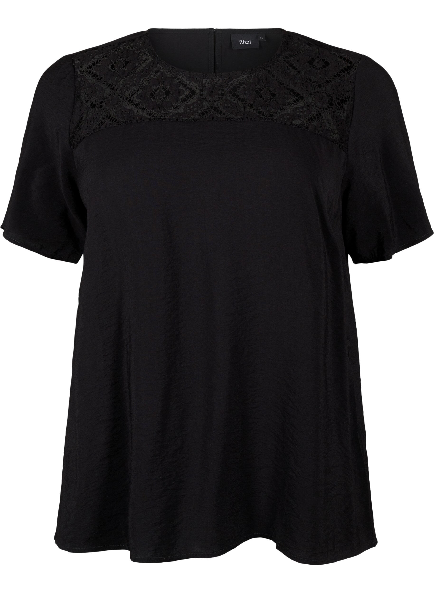 Zizzi Kurz&auml;rmelige Viskosebluse mit Spitzendetail, Black, Packshot image number 0