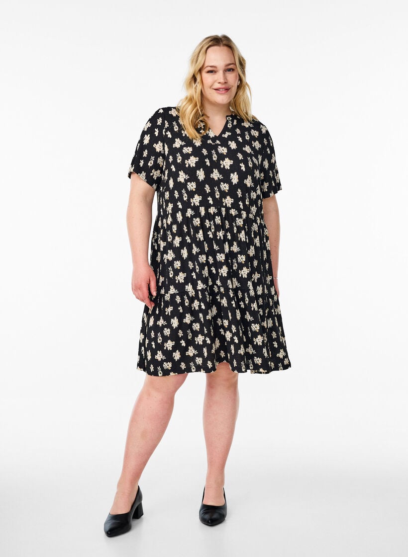 Gemustertes Kleid mit Eins&auml;tzen, Schwarz, Model image number 1