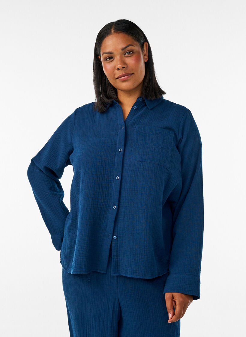 Nachthemd aus Baumwoll-Musselin mit langen &Auml;rmeln, Blau, Model image number 0