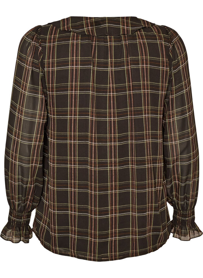 Bluse mit Karomuster und R&uuml;schendetails, Gr&uuml;n, Packshot image number 1
