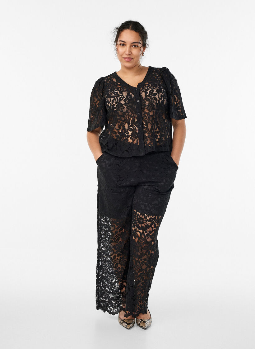 Hoch taillierte Spitzenhose mit geraden Beinen, Schwarz, Model image number 0