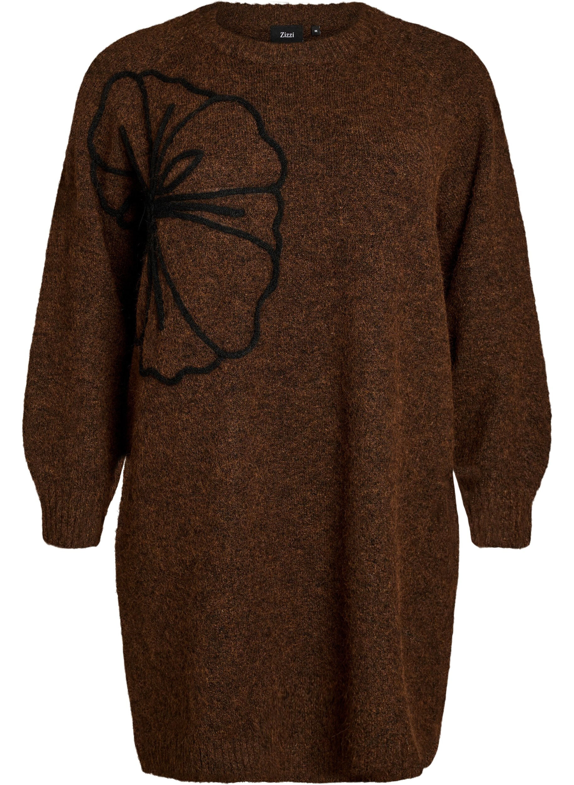 ZizziStrickkleid mit gro&szlig;er Blumenapplikation, Braun, Packshot image number 0