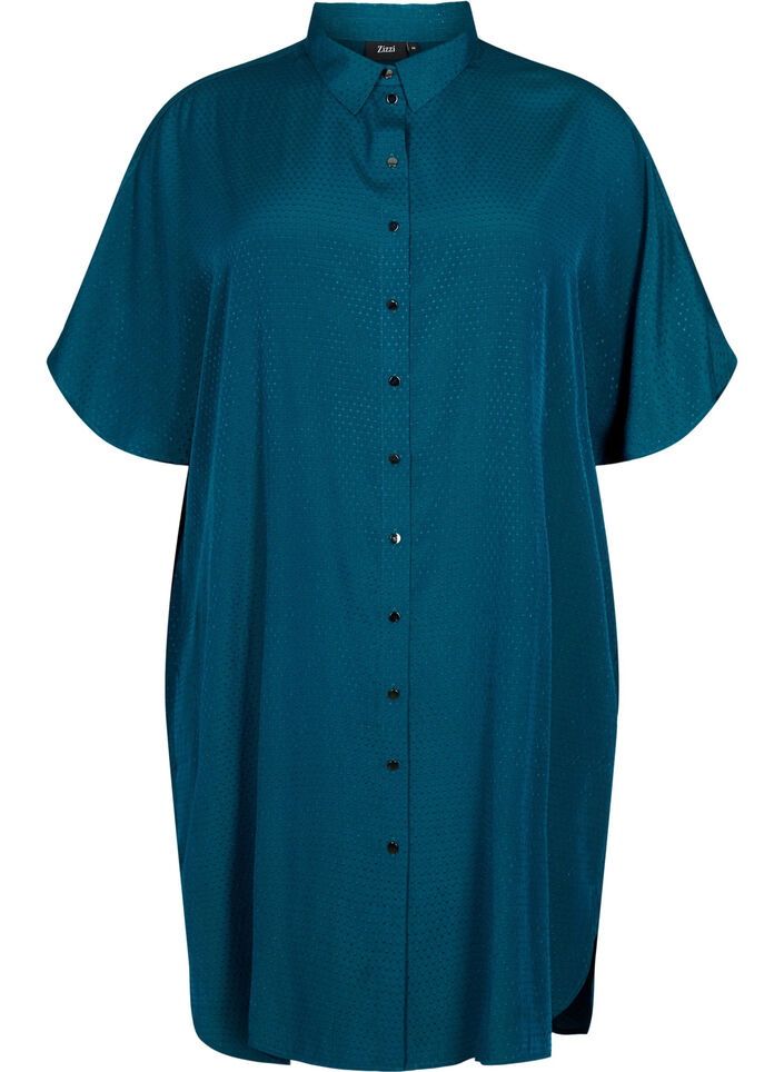 Kurzärmeliges Hemdblusenkleid mit gepunktetem Muster, Deep Teal, Packshot image number 0