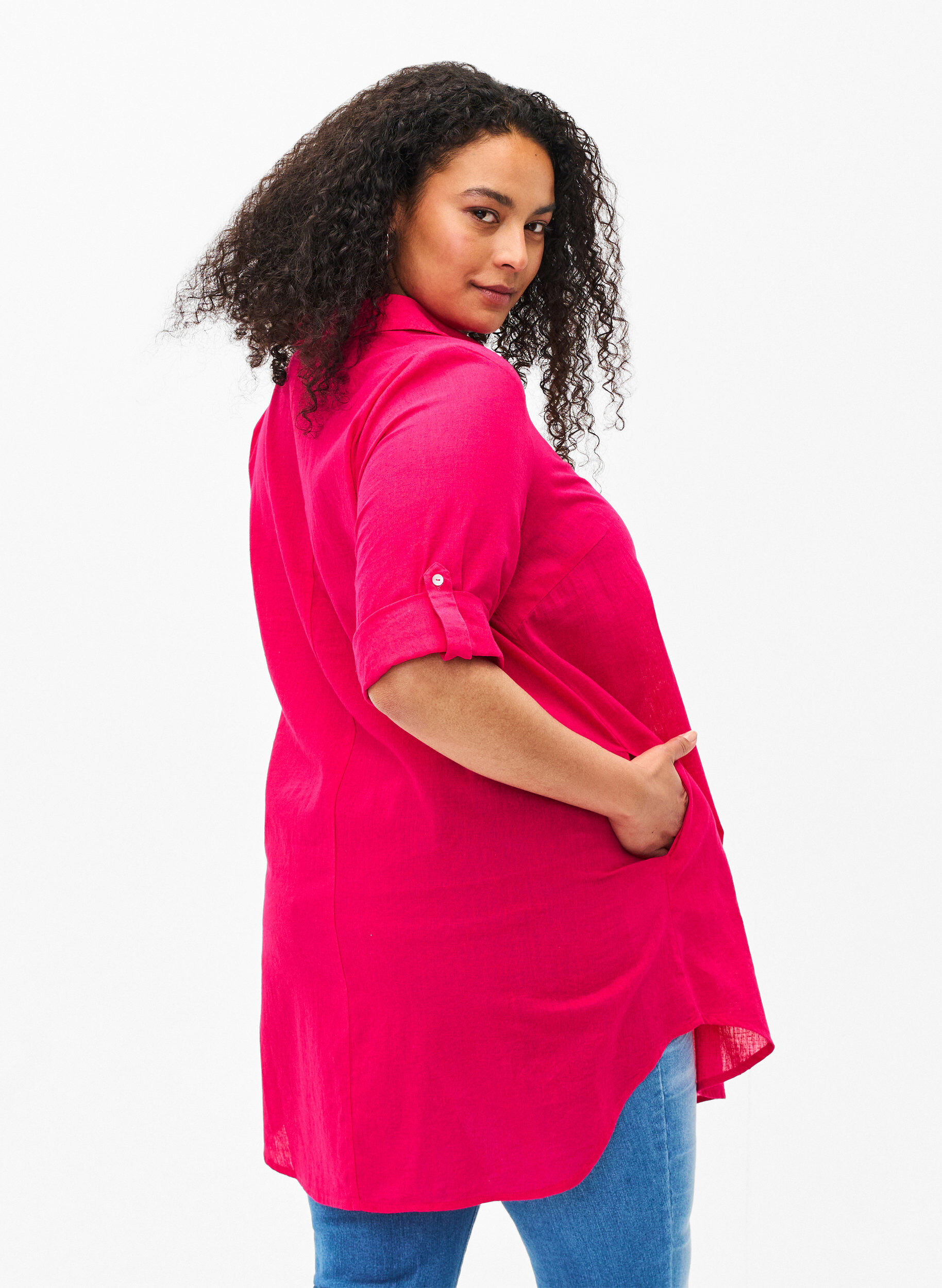 Zizzi Tunika mit kurzen &Auml;rmeln aus Baumwollgemisch mit Leinen, Bright Rose, Model image number 1