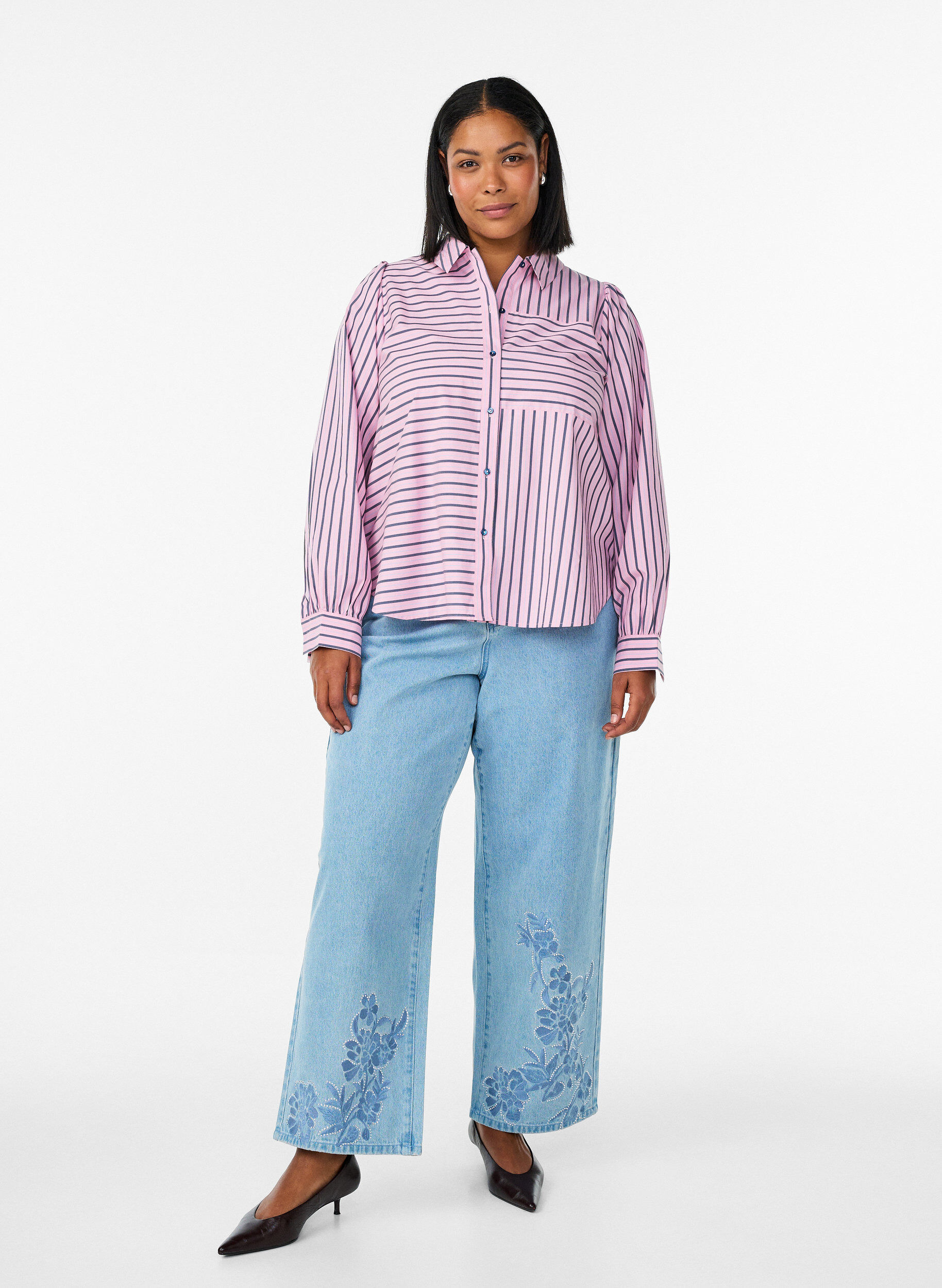 Zizzi Gestreifte Hemd mit klassischem Kragen und langen &Auml;rmeln, Pink, Model image number 1