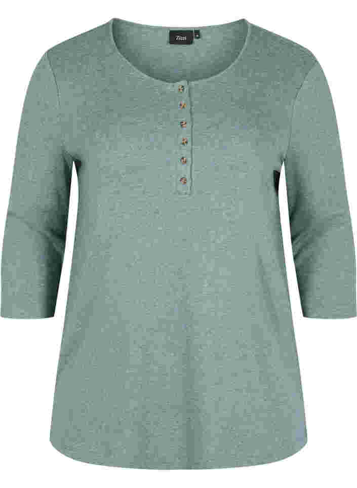 Einfarbige Bluse mit Knöpfen und 3/4-Ärmel, Green Melange, Packshot image number 0