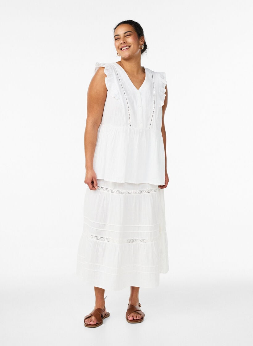 &Auml;rmellose Bluse aus Baumwoll-Musselin mit R&uuml;schen, Wei&szlig;, Model image number 1