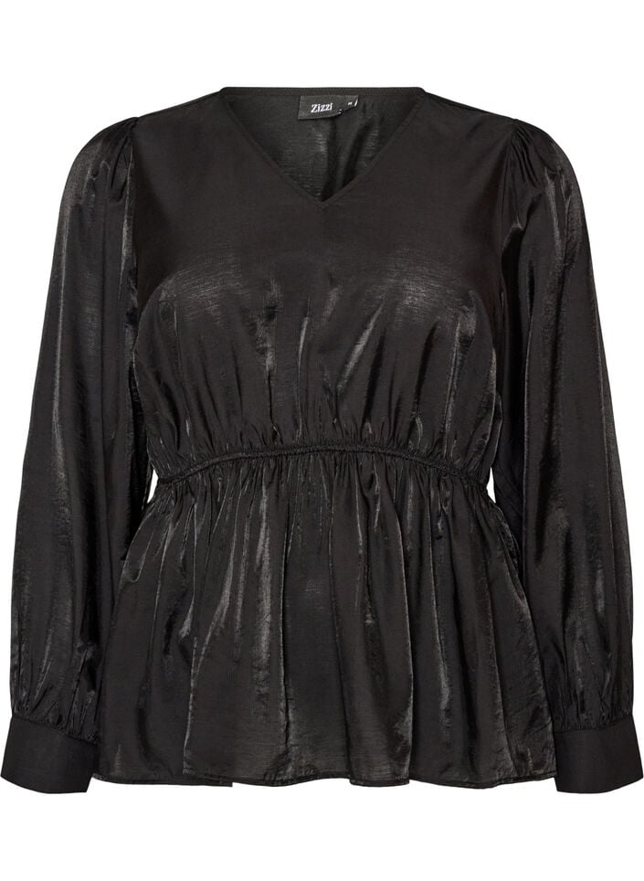 Gl&auml;nzende Bluse aus Viskose mit Peplum-Effekt, Schwarz, Packshot image number 0