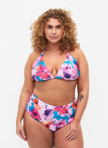 Bikini-Hose mit Print und hoher Taille, Pink Flower, Model image number 0