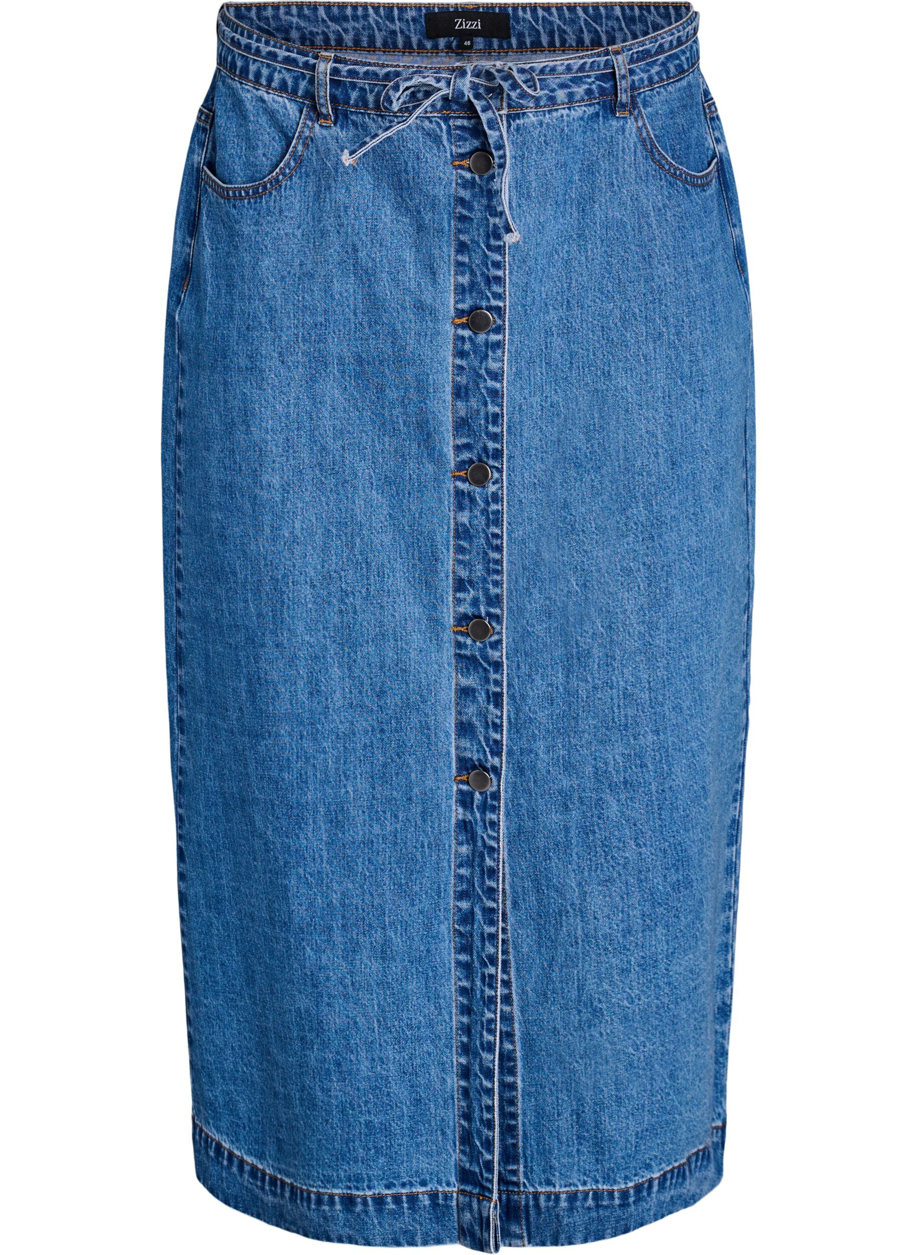 Zizzi Langer Jeansrock mit Kn&ouml;pfen und Bindeg&uuml;rtel, Blau, Packshot image number 0