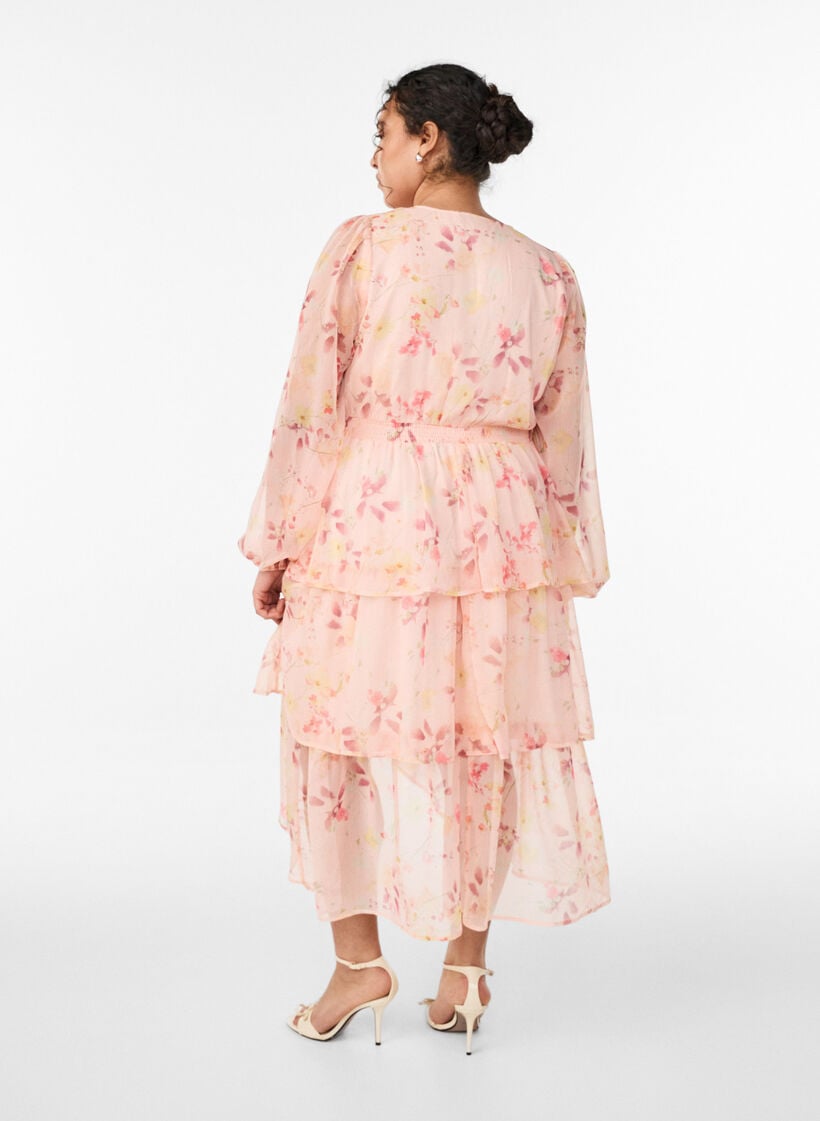 Gebl&uuml;mtes Midi-Kleid aus Chiffon mit gesmokter Taille, Orange, Model image number 1